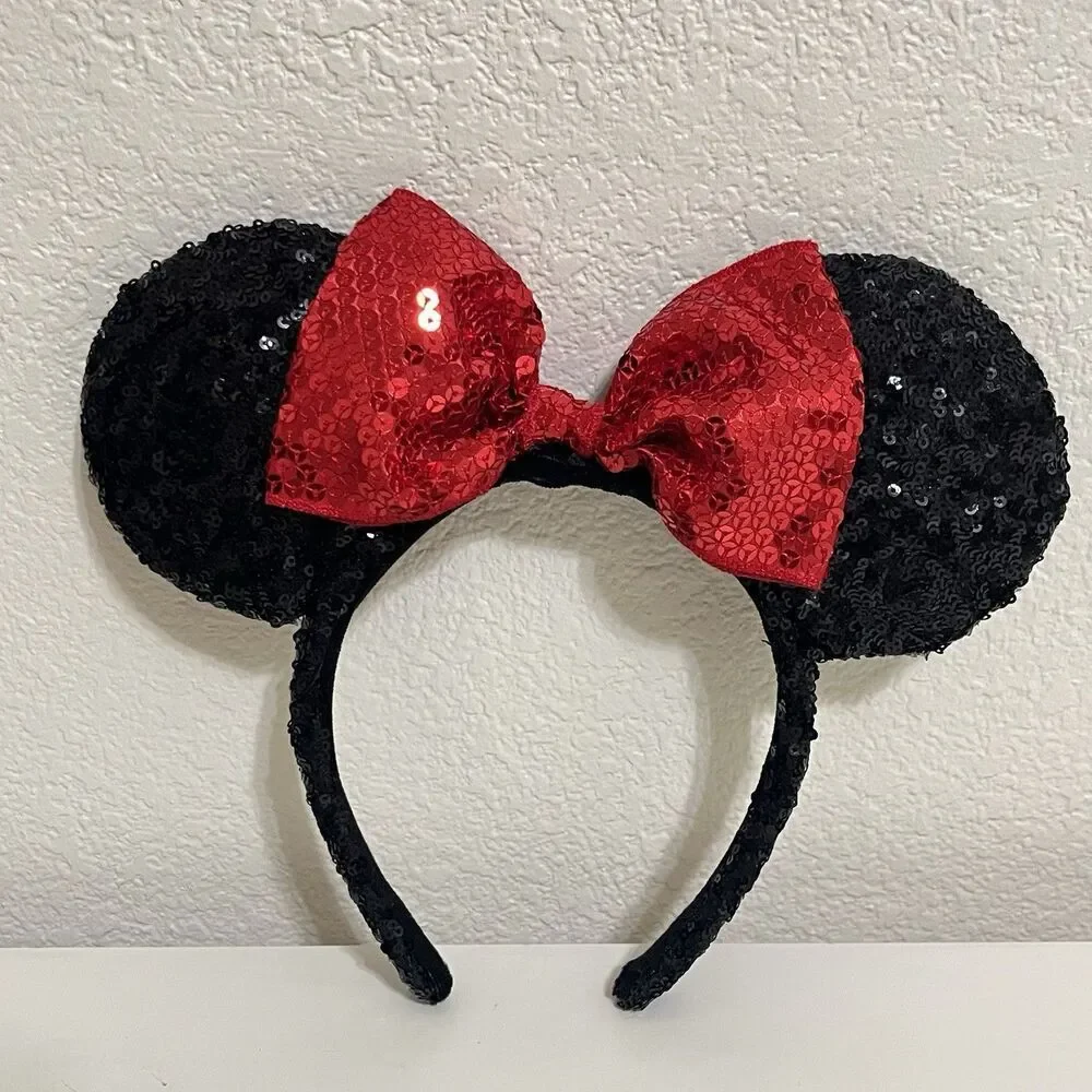 Disney Parks Minnie Mouse Black Sequin Red Bow Sequin Ears Headband